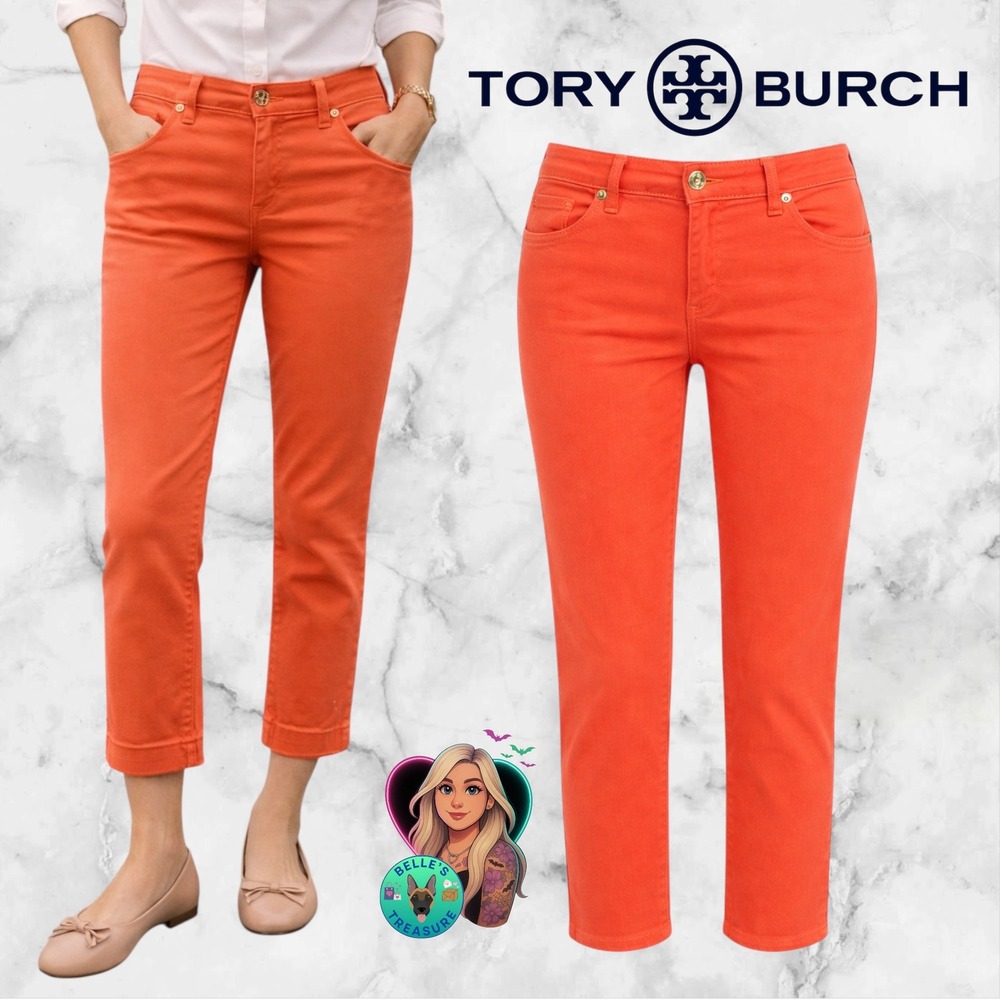 Tory Burch Pants Cropped Skinny Jeans Orange Mid Rise Womens 26 Old Money Luxury